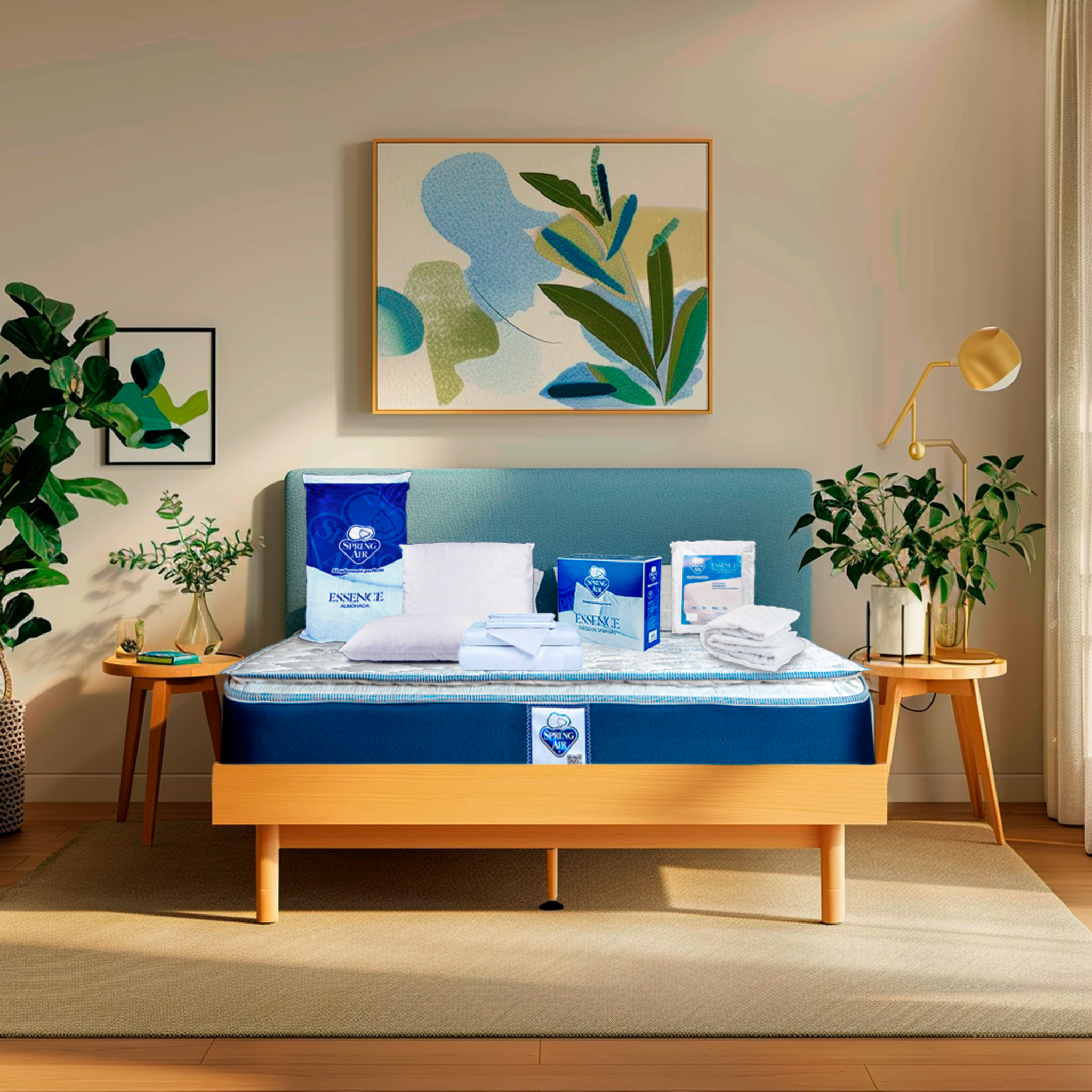 Colchón Cota + 2 Pack Almohadas Peach Feel + Sabanas + Protector Impermeable + Oso Almohada