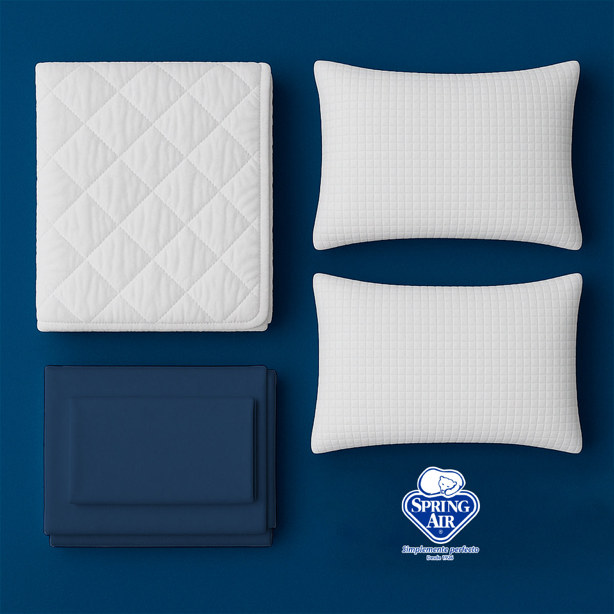 2 Almohadas Peach + Protector Essence + Sábanas Marino