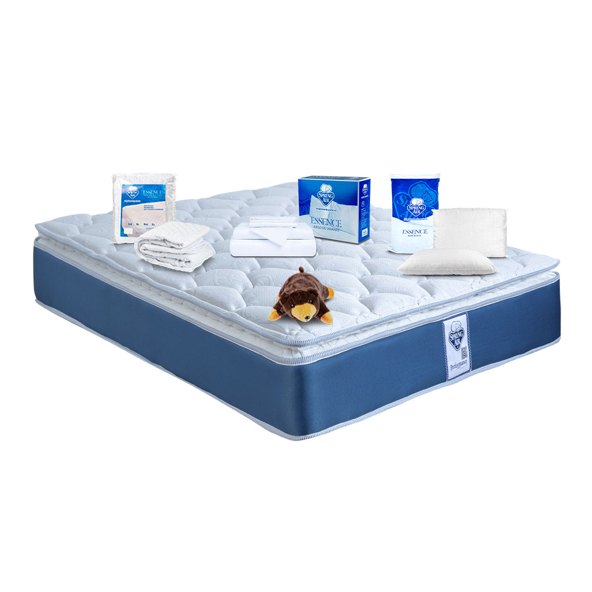 Colchón Spring Air Cota Ind + 2 Pack Almohadas Peach Feel + Sabanas + Protector Impermeable + Oso Almohada