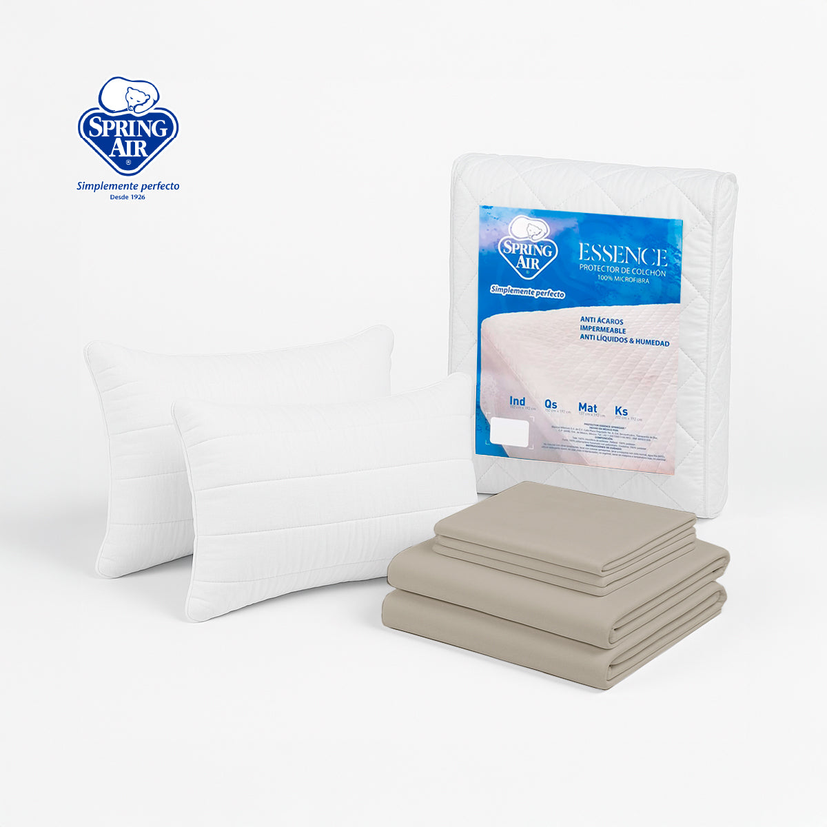 2 Almohadas Peach + Protector Essence + Sábanas Khaki