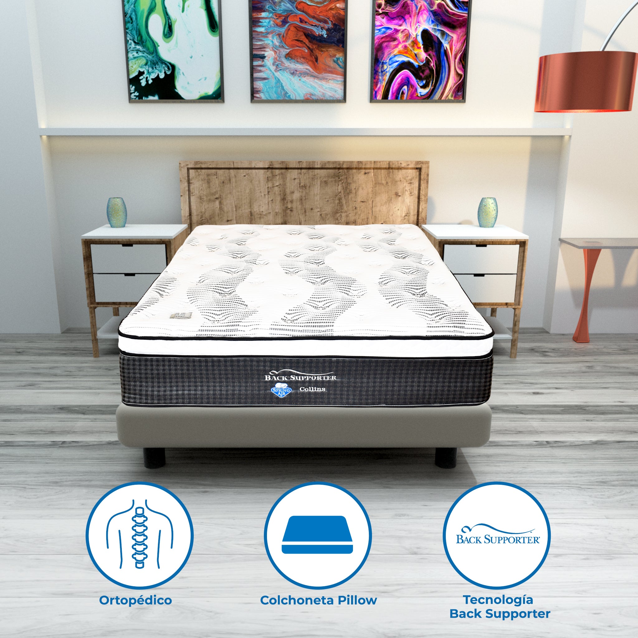 Colchón Spring Air Collins + 2 Pack Almohadas Memory Foam + Oso Almohada - Individual